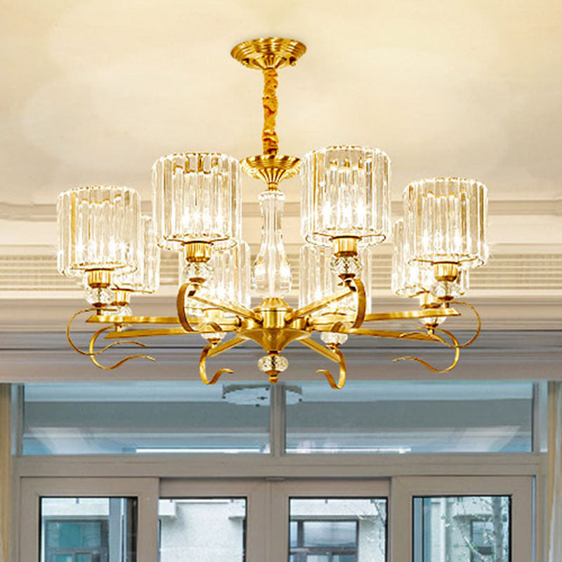 Cylinder Hanging Chandelier Contemporary Faceted Crystal 3/6/8 Bulbs Brass Ceiling Pendant Light, 23.5"/27"/33.5" Wide Brass 33.5" Clearhalo 'Ceiling Lights' 'Chandeliers' 'Modern Chandeliers' 'Modern' Lighting' 332887