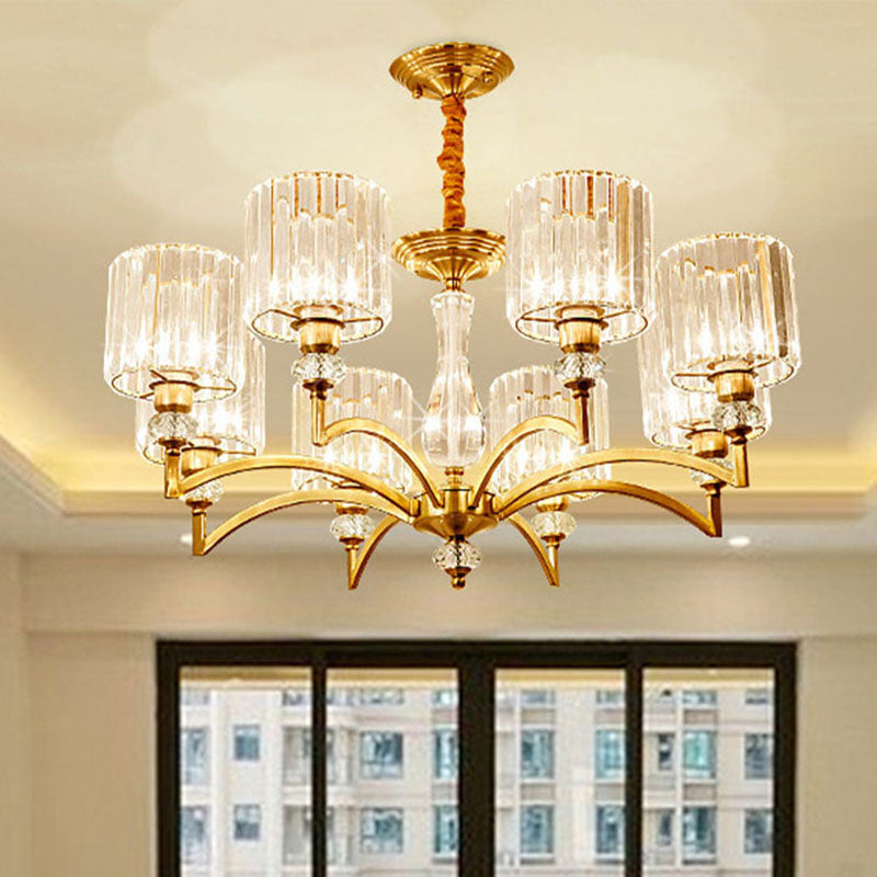 Cylinder Hanging Chandelier Contemporary Faceted Crystal 3/6/8 Bulbs Brass Ceiling Pendant Light, 23.5"/27"/33.5" Wide Clearhalo 'Ceiling Lights' 'Chandeliers' 'Modern Chandeliers' 'Modern' Lighting' 332888