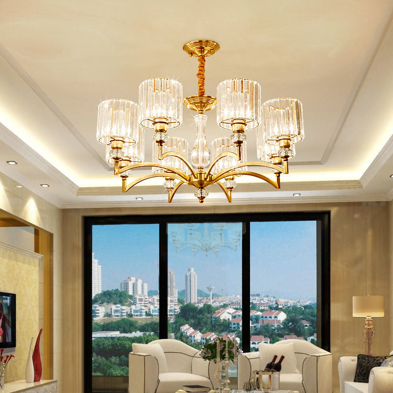 Cylinder Hanging Chandelier Contemporary Faceted Crystal 3/6/8 Bulbs Brass Ceiling Pendant Light, 23.5"/27"/33.5" Wide Clearhalo 'Ceiling Lights' 'Chandeliers' 'Modern Chandeliers' 'Modern' Lighting' 332889