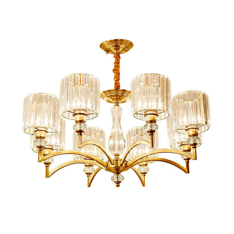 Cylinder Hanging Chandelier Contemporary Faceted Crystal 3/6/8 Bulbs Brass Ceiling Pendant Light, 23.5"/27"/33.5" Wide Clearhalo 'Ceiling Lights' 'Chandeliers' 'Modern Chandeliers' 'Modern' Lighting' 332890