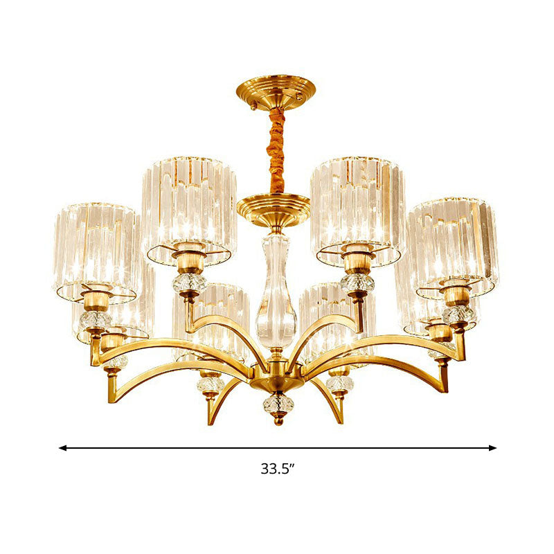 Cylinder Hanging Chandelier Contemporary Faceted Crystal 3/6/8 Bulbs Brass Ceiling Pendant Light, 23.5"/27"/33.5" Wide Clearhalo 'Ceiling Lights' 'Chandeliers' 'Modern Chandeliers' 'Modern' Lighting' 332891