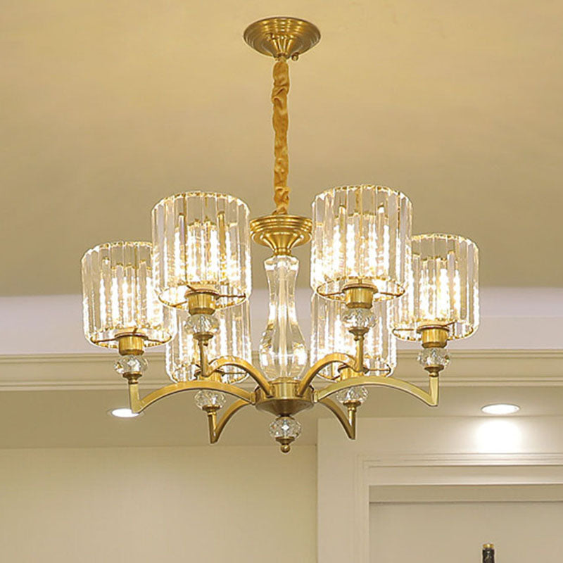 Cylinder Hanging Chandelier Contemporary Faceted Crystal 3/6/8 Bulbs Brass Ceiling Pendant Light, 23.5"/27"/33.5" Wide Brass 27" Clearhalo 'Ceiling Lights' 'Chandeliers' 'Modern Chandeliers' 'Modern' Lighting' 332893