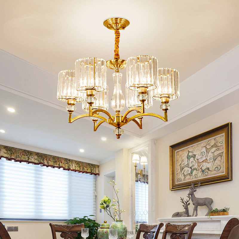 Cylinder Hanging Chandelier Contemporary Faceted Crystal 3/6/8 Bulbs Brass Ceiling Pendant Light, 23.5"/27"/33.5" Wide Clearhalo 'Ceiling Lights' 'Chandeliers' 'Modern Chandeliers' 'Modern' Lighting' 332894