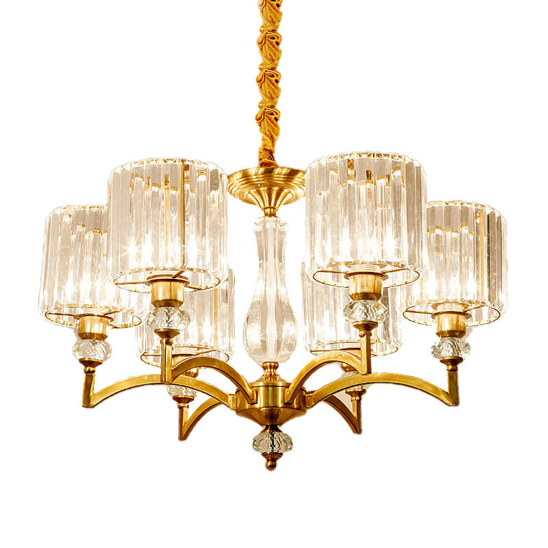 Cylinder Hanging Chandelier Contemporary Faceted Crystal 3/6/8 Bulbs Brass Ceiling Pendant Light, 23.5"/27"/33.5" Wide Clearhalo 'Ceiling Lights' 'Chandeliers' 'Modern Chandeliers' 'Modern' Lighting' 332895