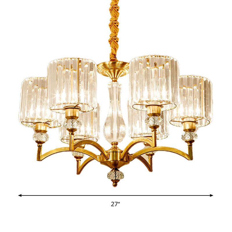 Cylinder Hanging Chandelier Contemporary Faceted Crystal 3/6/8 Bulbs Brass Ceiling Pendant Light, 23.5"/27"/33.5" Wide Clearhalo 'Ceiling Lights' 'Chandeliers' 'Modern Chandeliers' 'Modern' Lighting' 332896