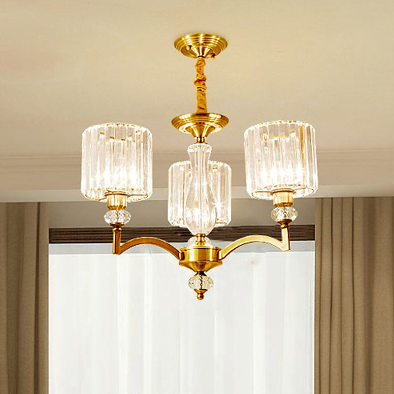 Cylinder Hanging Chandelier Contemporary Faceted Crystal 3/6/8 Bulbs Brass Ceiling Pendant Light, 23.5"/27"/33.5" Wide Brass 23.5" Clearhalo 'Ceiling Lights' 'Chandeliers' 'Modern Chandeliers' 'Modern' Lighting' 332897