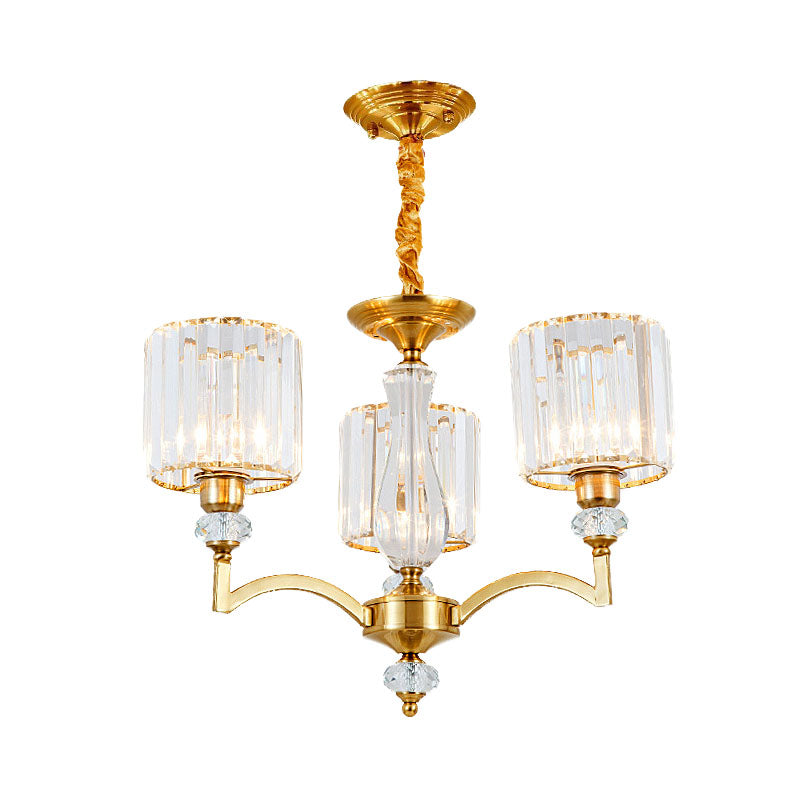 Cylinder Hanging Chandelier Contemporary Faceted Crystal 3/6/8 Bulbs Brass Ceiling Pendant Light, 23.5"/27"/33.5" Wide Clearhalo 'Ceiling Lights' 'Chandeliers' 'Modern Chandeliers' 'Modern' Lighting' 332899