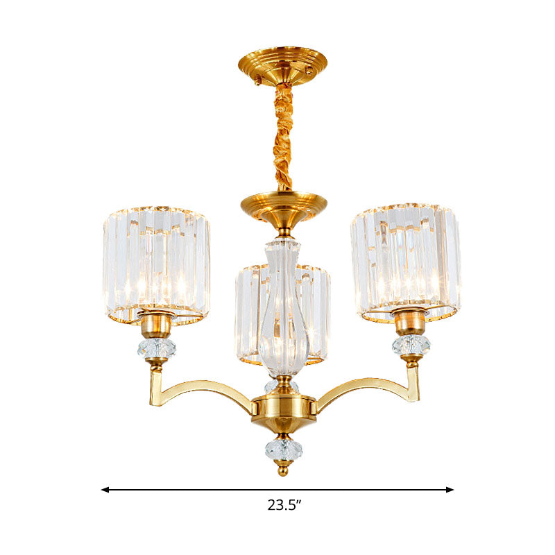 Cylinder Hanging Chandelier Contemporary Faceted Crystal 3/6/8 Bulbs Brass Ceiling Pendant Light, 23.5"/27"/33.5" Wide Clearhalo 'Ceiling Lights' 'Chandeliers' 'Modern Chandeliers' 'Modern' Lighting' 332900