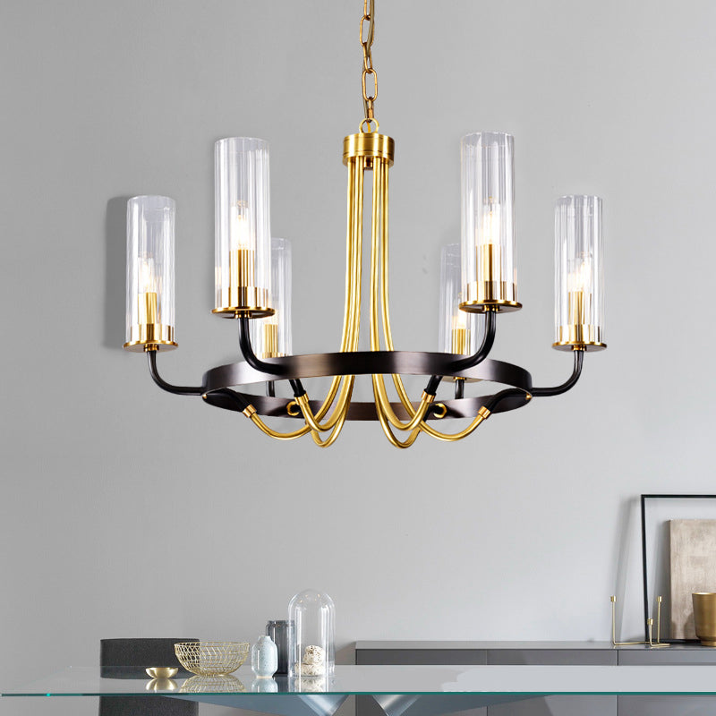 6/8 Heads Indoor Chandelier Pendant Light Farmhouse Black/Gold Finish Hanging Lamp with Cylinder Clear Glass Shade 6 Black Clearhalo 'Ceiling Lights' 'Chandeliers' 'Close To Ceiling Lights' 'Glass shade' 'Glass' Lighting' 332901