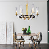 6/8 Heads Indoor Chandelier Pendant Light Farmhouse Black/Gold Finish Hanging Lamp with Cylinder Clear Glass Shade Clearhalo 'Ceiling Lights' 'Chandeliers' 'Close To Ceiling Lights' 'Glass shade' 'Glass' Lighting' 332903