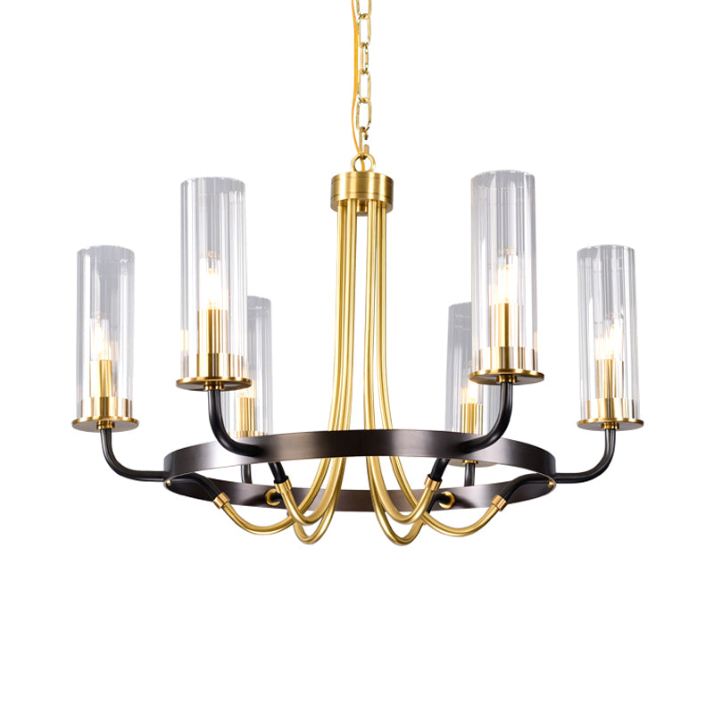 6/8 Heads Indoor Chandelier Pendant Light Farmhouse Black/Gold Finish Hanging Lamp with Cylinder Clear Glass Shade Clearhalo 'Ceiling Lights' 'Chandeliers' 'Close To Ceiling Lights' 'Glass shade' 'Glass' Lighting' 332904