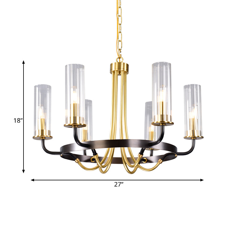 6/8 Heads Indoor Chandelier Pendant Light Farmhouse Black/Gold Finish Hanging Lamp with Cylinder Clear Glass Shade Clearhalo 'Ceiling Lights' 'Chandeliers' 'Close To Ceiling Lights' 'Glass shade' 'Glass' Lighting' 332905