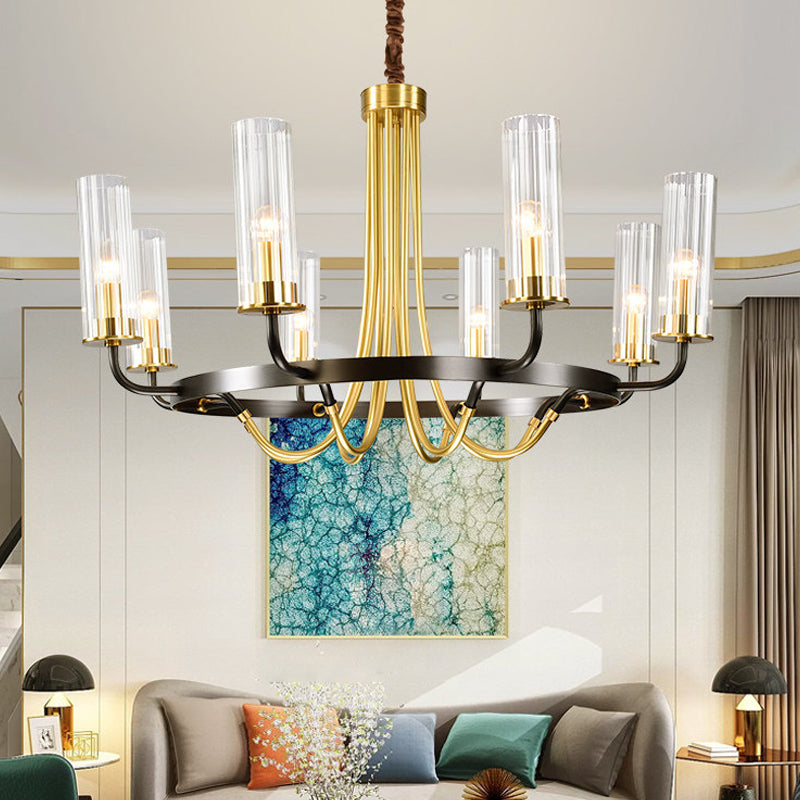 6/8 Heads Indoor Chandelier Pendant Light Farmhouse Black/Gold Finish Hanging Lamp with Cylinder Clear Glass Shade 8 Black Clearhalo 'Ceiling Lights' 'Chandeliers' 'Close To Ceiling Lights' 'Glass shade' 'Glass' Lighting' 332906