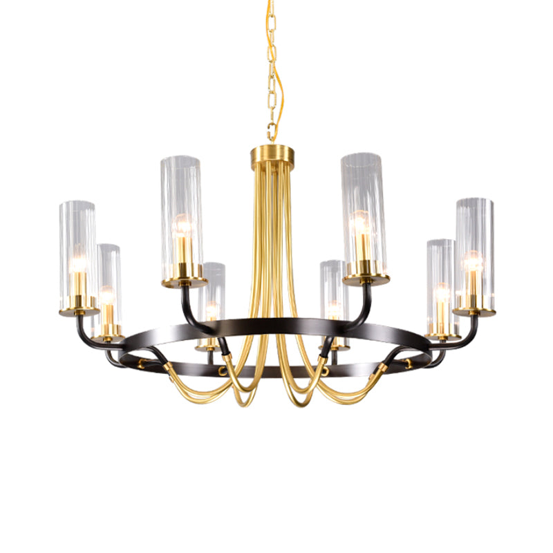 6/8 Heads Indoor Chandelier Pendant Light Farmhouse Black/Gold Finish Hanging Lamp with Cylinder Clear Glass Shade Clearhalo 'Ceiling Lights' 'Chandeliers' 'Close To Ceiling Lights' 'Glass shade' 'Glass' Lighting' 332908