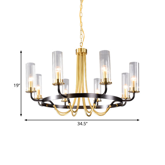 6/8 Heads Indoor Chandelier Pendant Light Farmhouse Black/Gold Finish Hanging Lamp with Cylinder Clear Glass Shade Clearhalo 'Ceiling Lights' 'Chandeliers' 'Close To Ceiling Lights' 'Glass shade' 'Glass' Lighting' 332909