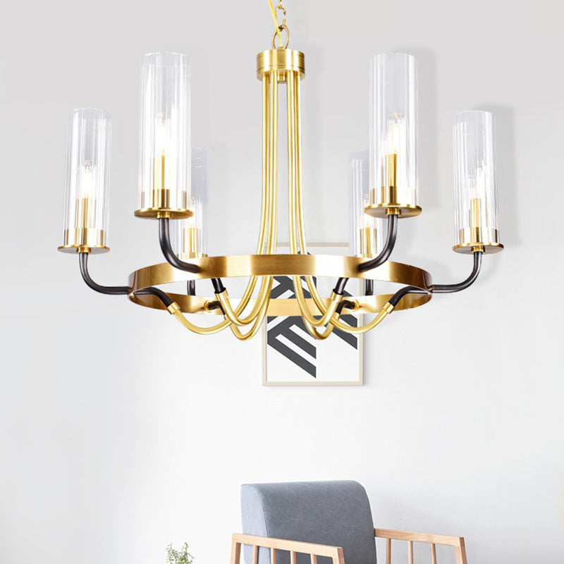 6/8 Heads Indoor Chandelier Pendant Light Farmhouse Black/Gold Finish Hanging Lamp with Cylinder Clear Glass Shade 6 Gold Clearhalo 'Ceiling Lights' 'Chandeliers' 'Close To Ceiling Lights' 'Glass shade' 'Glass' Lighting' 332911