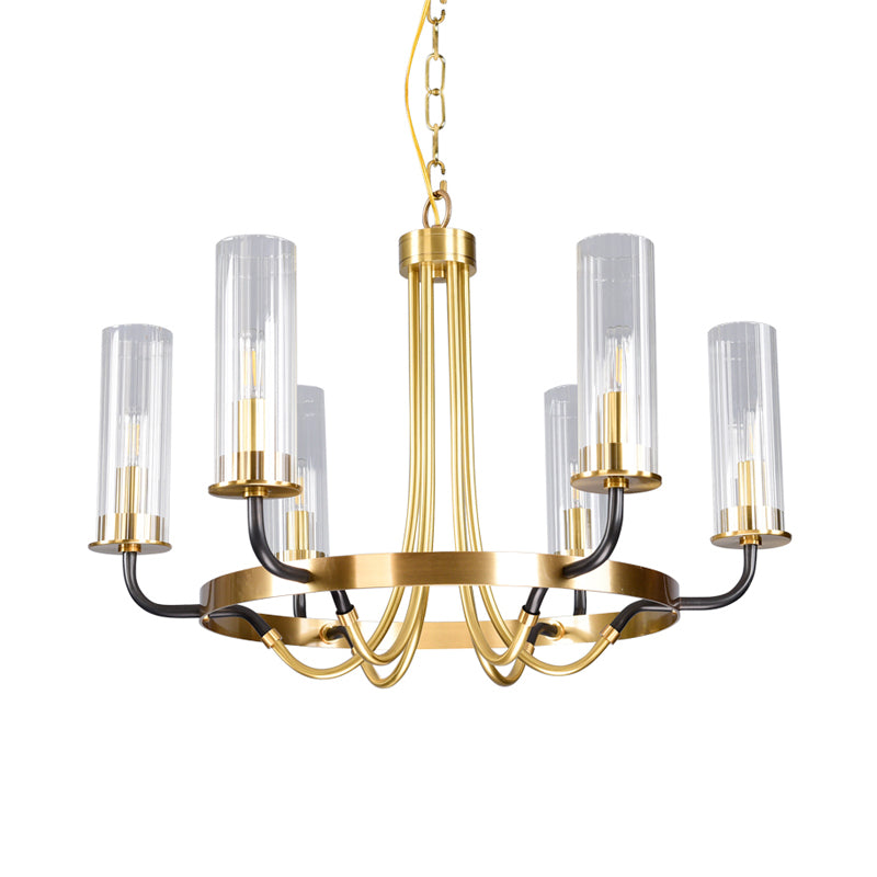 6/8 Heads Indoor Chandelier Pendant Light Farmhouse Black/Gold Finish Hanging Lamp with Cylinder Clear Glass Shade Clearhalo 'Ceiling Lights' 'Chandeliers' 'Close To Ceiling Lights' 'Glass shade' 'Glass' Lighting' 332913