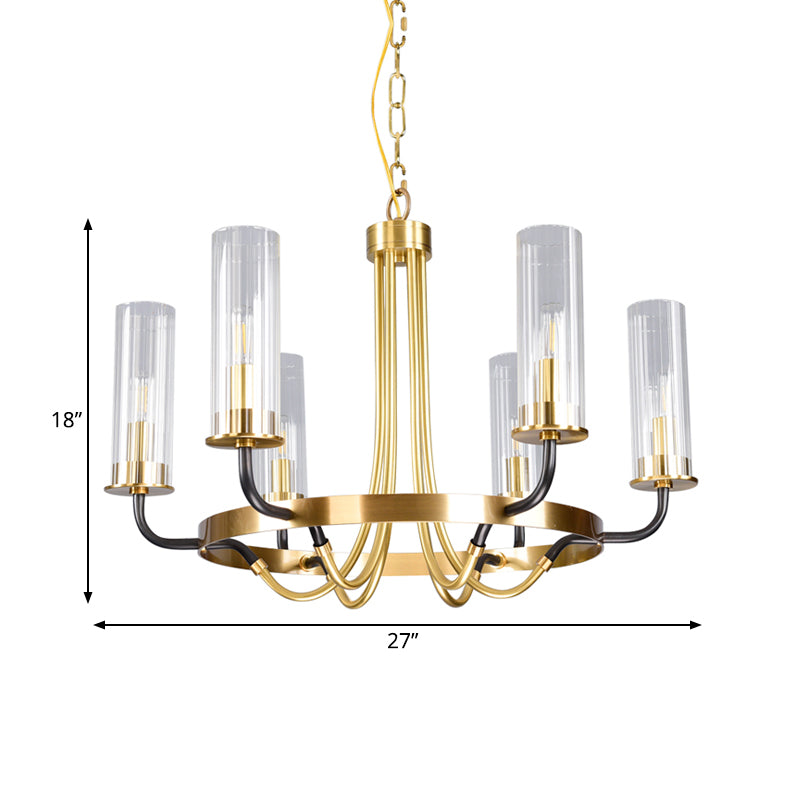 6/8 Heads Indoor Chandelier Pendant Light Farmhouse Black/Gold Finish Hanging Lamp with Cylinder Clear Glass Shade Clearhalo 'Ceiling Lights' 'Chandeliers' 'Close To Ceiling Lights' 'Glass shade' 'Glass' Lighting' 332914
