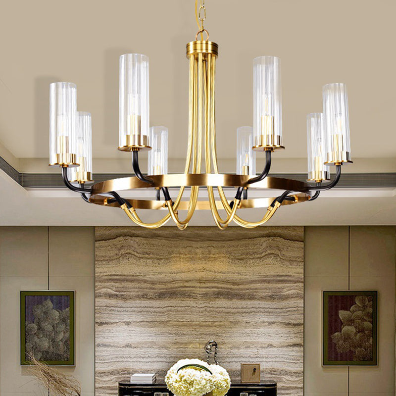 6/8 Heads Indoor Chandelier Pendant Light Farmhouse Black/Gold Finish Hanging Lamp with Cylinder Clear Glass Shade 8 Gold Clearhalo 'Ceiling Lights' 'Chandeliers' 'Close To Ceiling Lights' 'Glass shade' 'Glass' Lighting' 332915