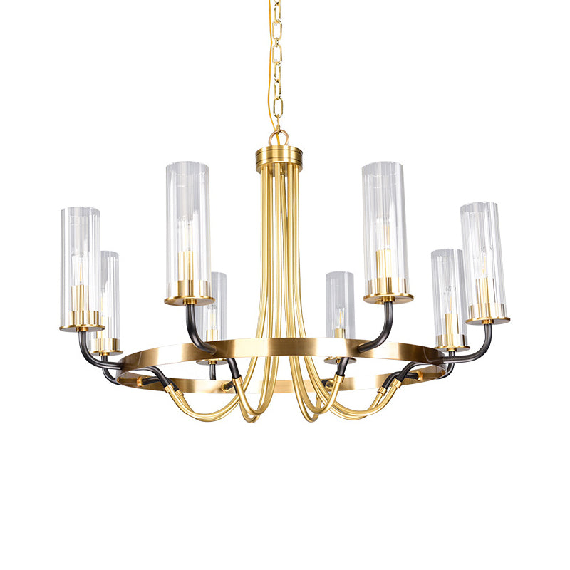 6/8 Heads Indoor Chandelier Pendant Light Farmhouse Black/Gold Finish Hanging Lamp with Cylinder Clear Glass Shade Clearhalo 'Ceiling Lights' 'Chandeliers' 'Close To Ceiling Lights' 'Glass shade' 'Glass' Lighting' 332917