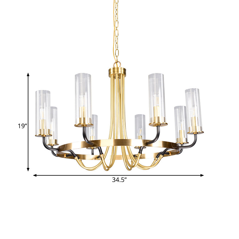 6/8 Heads Indoor Chandelier Pendant Light Farmhouse Black/Gold Finish Hanging Lamp with Cylinder Clear Glass Shade Clearhalo 'Ceiling Lights' 'Chandeliers' 'Close To Ceiling Lights' 'Glass shade' 'Glass' Lighting' 332918