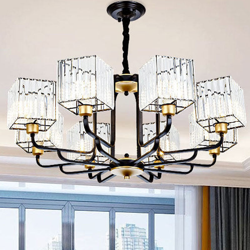 Square Pendant Chandelier Modernism Crystal 4/6/8 Bulbs Black Hanging Light Fixture, 26"/34"/36" Wide Clearhalo 'Ceiling Lights' 'Chandeliers' 'Modern Chandeliers' 'Modern' Lighting' 332926