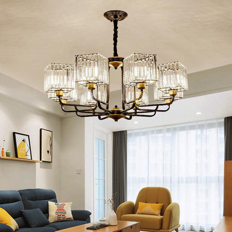 Square Pendant Chandelier Modernism Crystal 4/6/8 Bulbs Black Hanging Light Fixture, 26"/34"/36" Wide Clearhalo 'Ceiling Lights' 'Chandeliers' 'Modern Chandeliers' 'Modern' Lighting' 332927