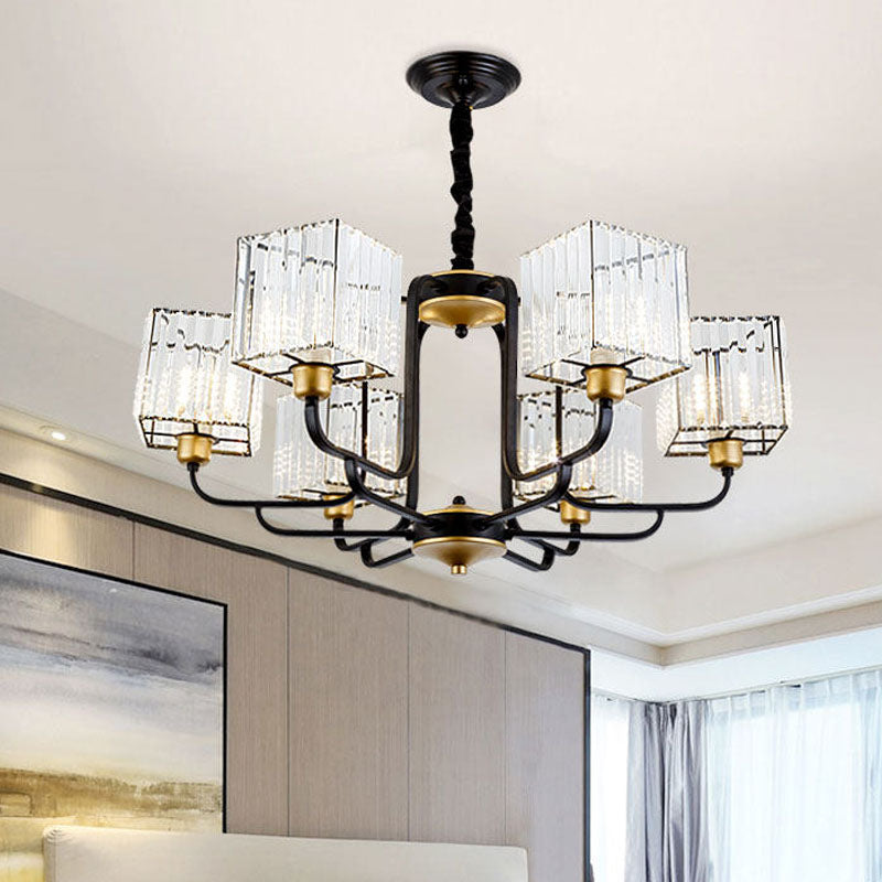 Square Pendant Chandelier Modernism Crystal 4/6/8 Bulbs Black Hanging Light Fixture, 26"/34"/36" Wide Black 34" Clearhalo 'Ceiling Lights' 'Chandeliers' 'Modern Chandeliers' 'Modern' Lighting' 332931