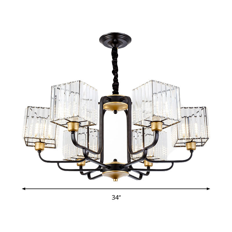 Square Pendant Chandelier Modernism Crystal 4/6/8 Bulbs Black Hanging Light Fixture, 26"/34"/36" Wide Clearhalo 'Ceiling Lights' 'Chandeliers' 'Modern Chandeliers' 'Modern' Lighting' 332934