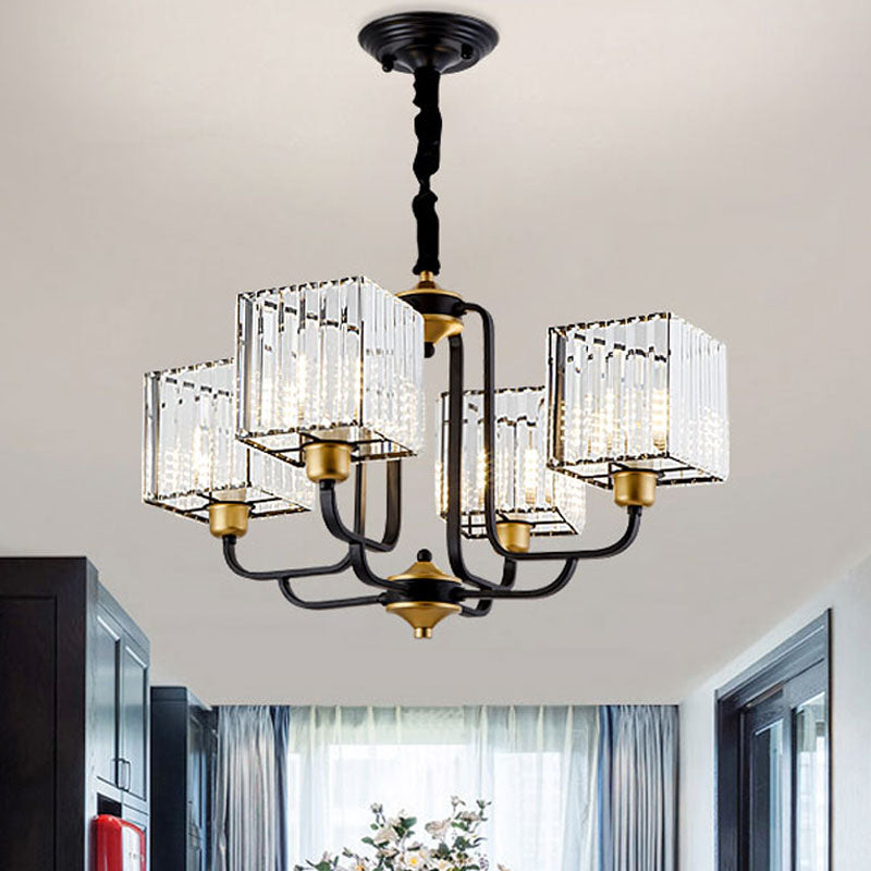 Square Pendant Chandelier Modernism Crystal 4/6/8 Bulbs Black Hanging Light Fixture, 26"/34"/36" Wide Black 26" Clearhalo 'Ceiling Lights' 'Chandeliers' 'Modern Chandeliers' 'Modern' Lighting' 332935