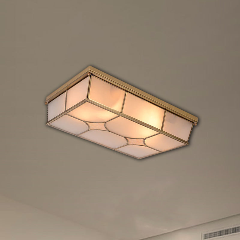 3/6 Lights Frosted Glass Flush Ceiling Light Classic Brass Rectangle Bedroom Flush Mount Lamp 3 Brass Clearhalo 'Ceiling Lights' 'Close To Ceiling Lights' 'Close to ceiling' 'Flush mount' Lighting' 332939