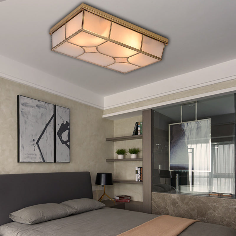 3/6 Lights Frosted Glass Flush Ceiling Light Classic Brass Rectangle Bedroom Flush Mount Lamp Clearhalo 'Ceiling Lights' 'Close To Ceiling Lights' 'Close to ceiling' 'Flush mount' Lighting' 332941