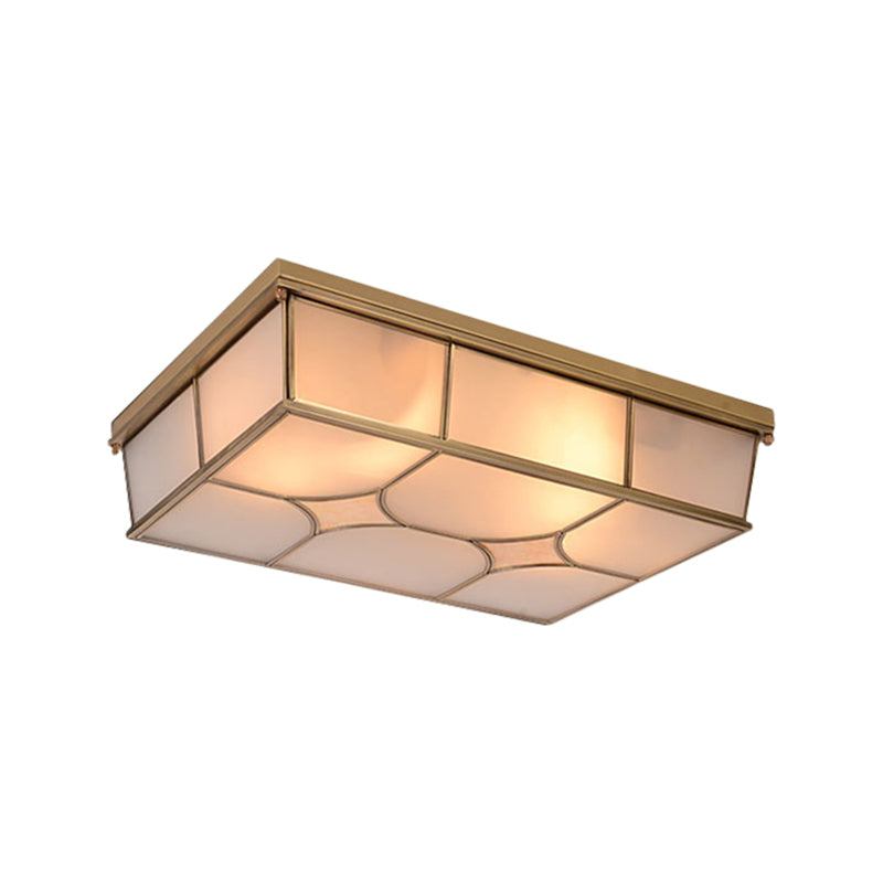 3/6 Lights Frosted Glass Flush Ceiling Light Classic Brass Rectangle Bedroom Flush Mount Lamp Clearhalo 'Ceiling Lights' 'Close To Ceiling Lights' 'Close to ceiling' 'Flush mount' Lighting' 332942