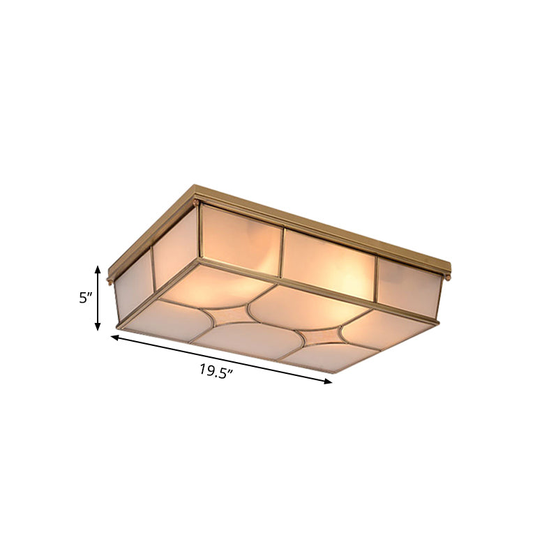 3/6 Lights Frosted Glass Flush Ceiling Light Classic Brass Rectangle Bedroom Flush Mount Lamp Clearhalo 'Ceiling Lights' 'Close To Ceiling Lights' 'Close to ceiling' 'Flush mount' Lighting' 332943