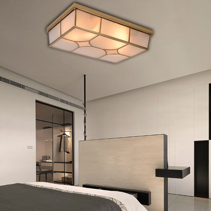 3/6 Lights Frosted Glass Flush Ceiling Light Classic Brass Rectangle Bedroom Flush Mount Lamp Clearhalo 'Ceiling Lights' 'Close To Ceiling Lights' 'Close to ceiling' 'Flush mount' Lighting' 332946