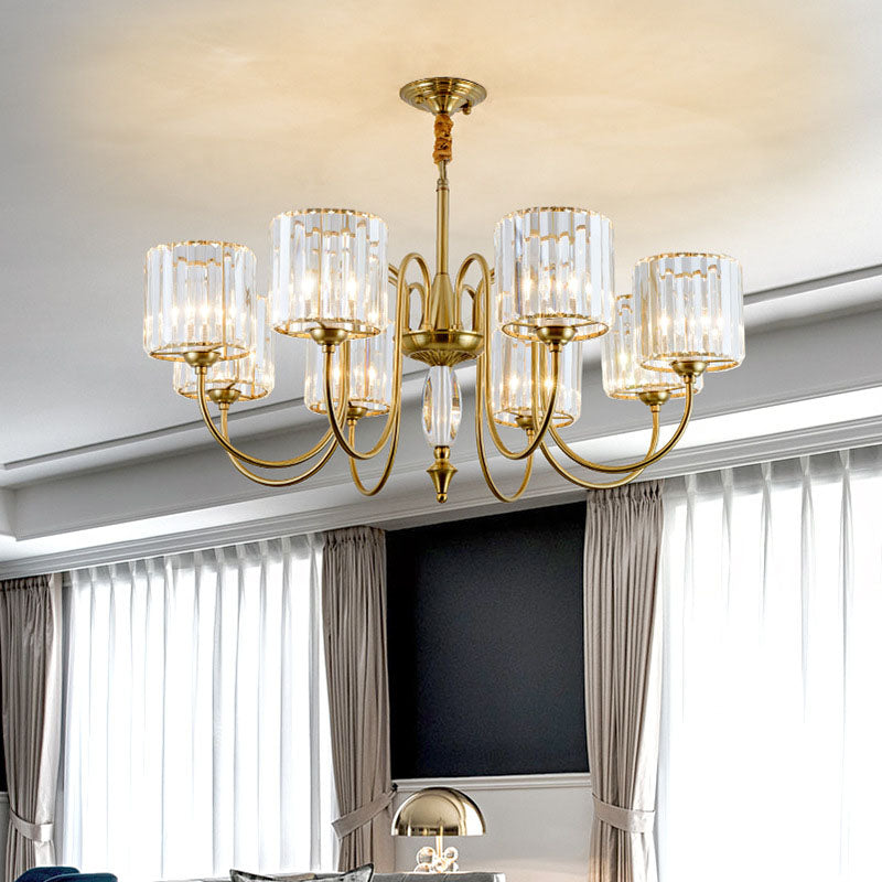 Cylinder Ceiling Chandelier Contemporary Faceted Crystal 3/5/6 Heads Brass Hanging Pendant Light 8 Brass Clearhalo 'Ceiling Lights' 'Chandeliers' 'Modern Chandeliers' 'Modern' Lighting' 332949