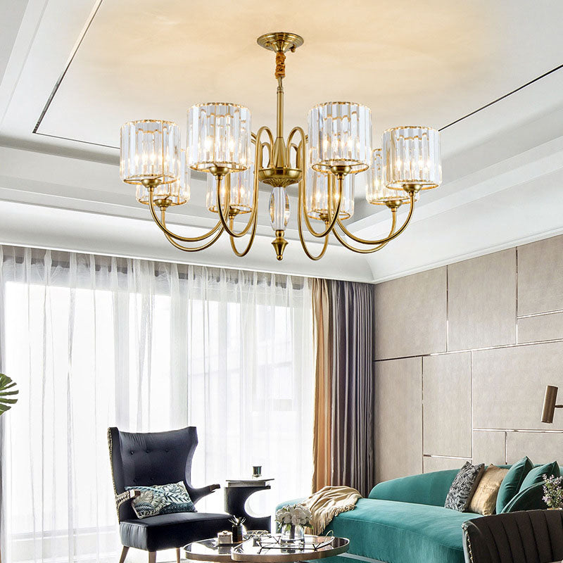 Cylinder Ceiling Chandelier Contemporary Faceted Crystal 3/5/6 Heads Brass Hanging Pendant Light Clearhalo 'Ceiling Lights' 'Chandeliers' 'Modern Chandeliers' 'Modern' Lighting' 332951