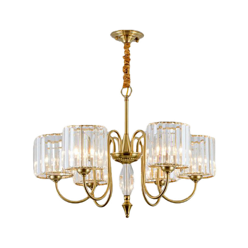 Cylinder Ceiling Chandelier Contemporary Faceted Crystal 3/5/6 Heads Brass Hanging Pendant Light Clearhalo 'Ceiling Lights' 'Chandeliers' 'Modern Chandeliers' 'Modern' Lighting' 332957