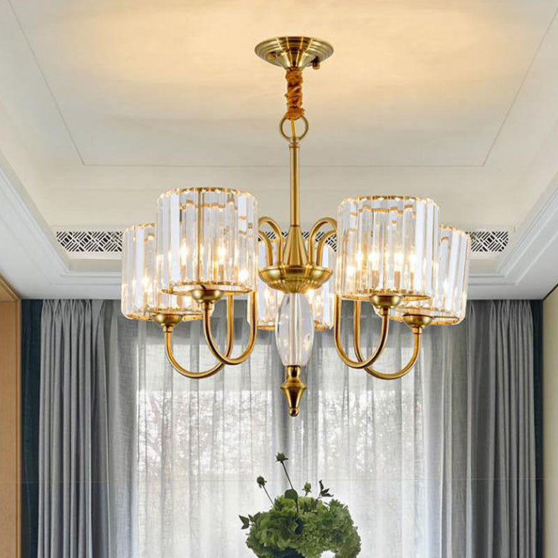 Cylinder Ceiling Chandelier Contemporary Faceted Crystal 3/5/6 Heads Brass Hanging Pendant Light 5 Brass Clearhalo 'Ceiling Lights' 'Chandeliers' 'Modern Chandeliers' 'Modern' Lighting' 332959