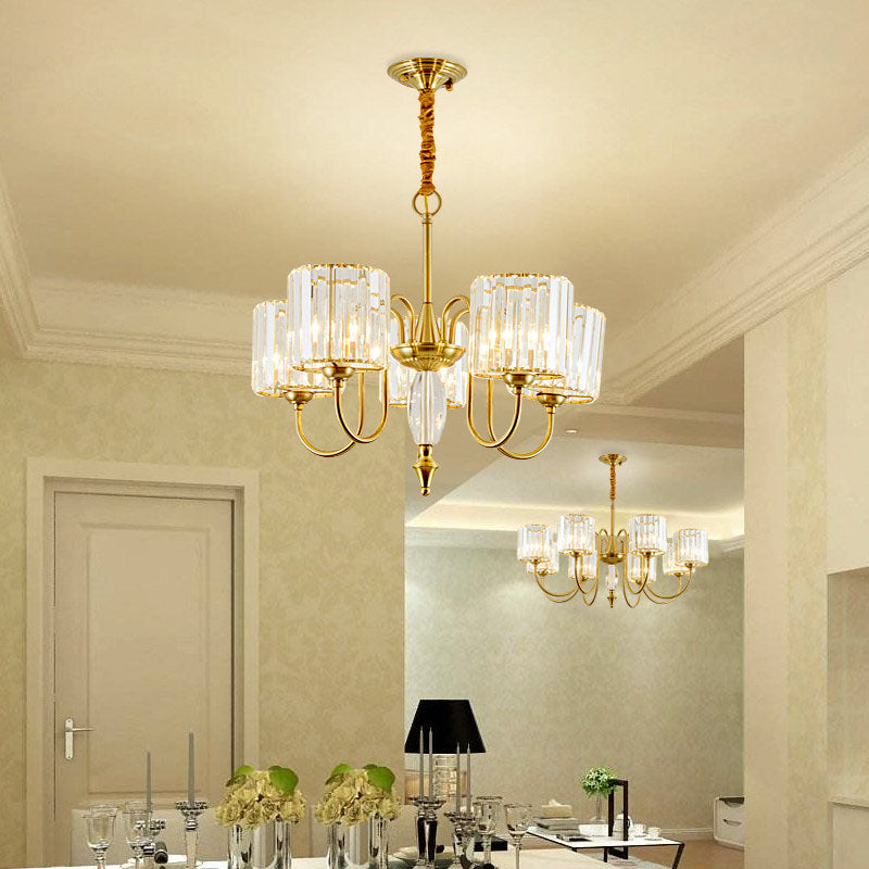 Cylinder Ceiling Chandelier Contemporary Faceted Crystal 3/5/6 Heads Brass Hanging Pendant Light Clearhalo 'Ceiling Lights' 'Chandeliers' 'Modern Chandeliers' 'Modern' Lighting' 332960