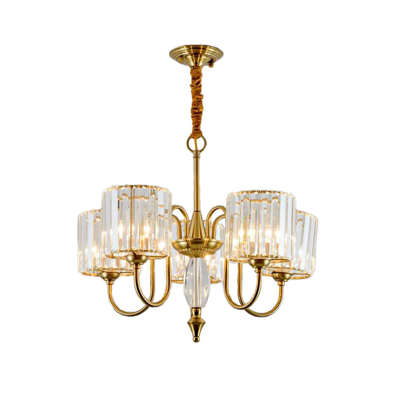 Cylinder Ceiling Chandelier Contemporary Faceted Crystal 3/5/6 Heads Brass Hanging Pendant Light Clearhalo 'Ceiling Lights' 'Chandeliers' 'Modern Chandeliers' 'Modern' Lighting' 332961