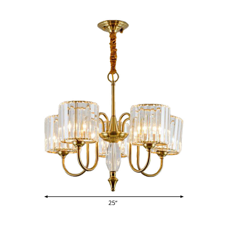 Cylinder Ceiling Chandelier Contemporary Faceted Crystal 3/5/6 Heads Brass Hanging Pendant Light Clearhalo 'Ceiling Lights' 'Chandeliers' 'Modern Chandeliers' 'Modern' Lighting' 332962