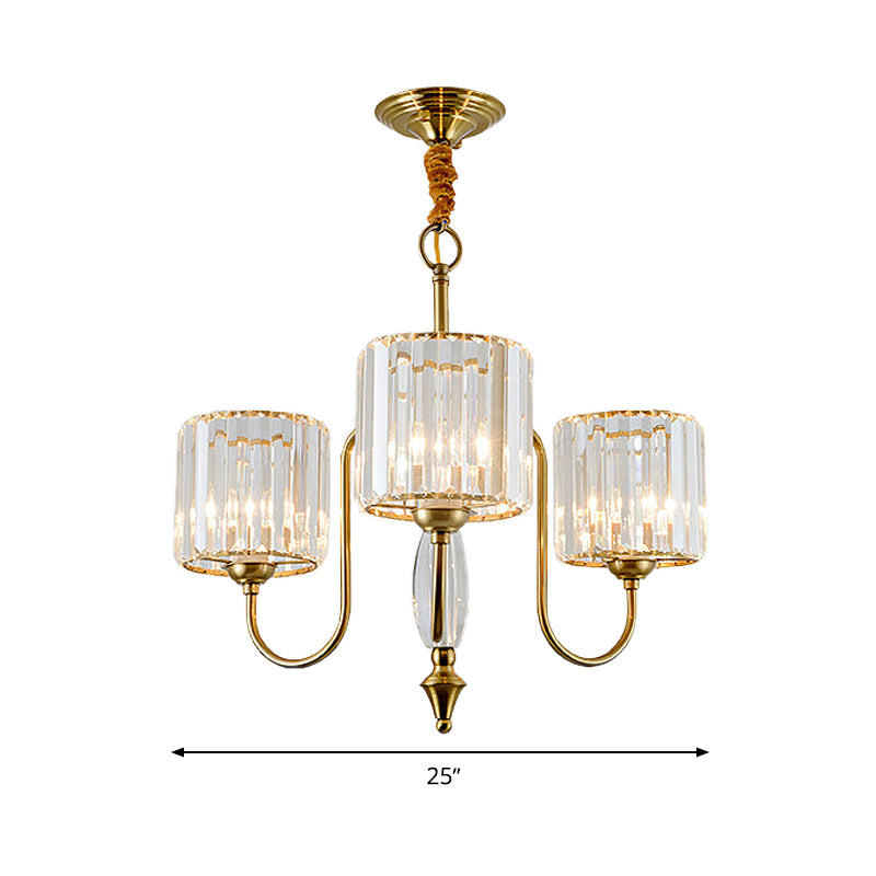 Cylinder Ceiling Chandelier Contemporary Faceted Crystal 3/5/6 Heads Brass Hanging Pendant Light Clearhalo 'Ceiling Lights' 'Chandeliers' 'Modern Chandeliers' 'Modern' Lighting' 332966