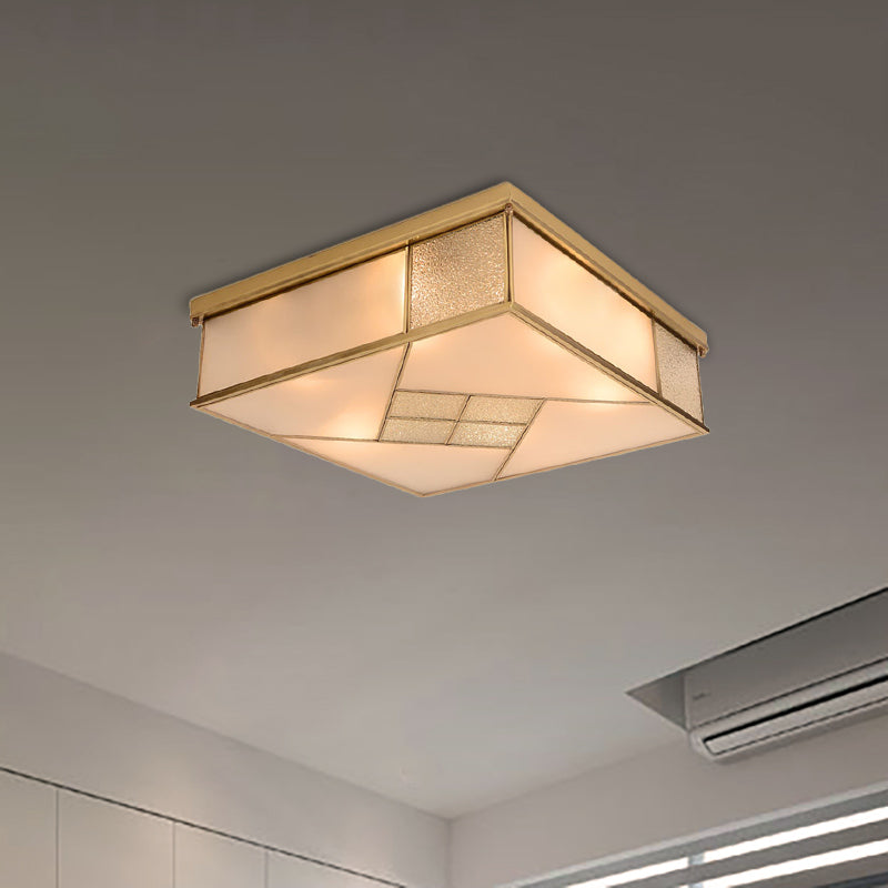 4/6 Lights Bedroom Ceiling Mounted Fixture Classic Brass Flush Mount Light with Square Frosted Glass Panel Shade 4 Brass Clearhalo 'Ceiling Lights' 'Close To Ceiling Lights' 'Close to ceiling' 'Flush mount' Lighting' 332967