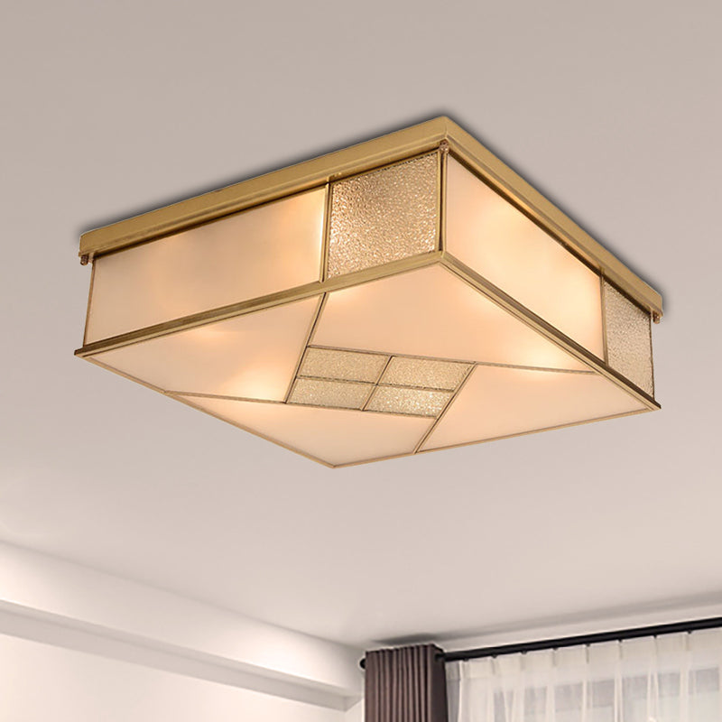 4/6 Lights Bedroom Ceiling Mounted Fixture Classic Brass Flush Mount Light with Square Frosted Glass Panel Shade Clearhalo 'Ceiling Lights' 'Close To Ceiling Lights' 'Close to ceiling' 'Flush mount' Lighting' 332968