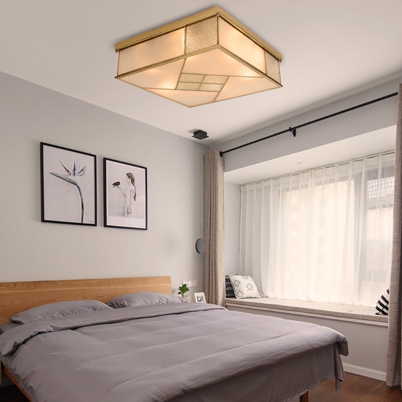 4/6 Lights Bedroom Ceiling Mounted Fixture Classic Brass Flush Mount Light with Square Frosted Glass Panel Shade Clearhalo 'Ceiling Lights' 'Close To Ceiling Lights' 'Close to ceiling' 'Flush mount' Lighting' 332969