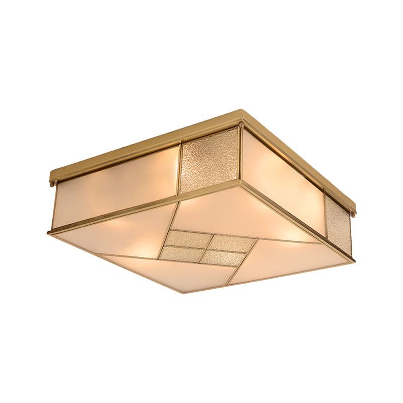 4/6 Lights Bedroom Ceiling Mounted Fixture Classic Brass Flush Mount Light with Square Frosted Glass Panel Shade Clearhalo 'Ceiling Lights' 'Close To Ceiling Lights' 'Close to ceiling' 'Flush mount' Lighting' 332970