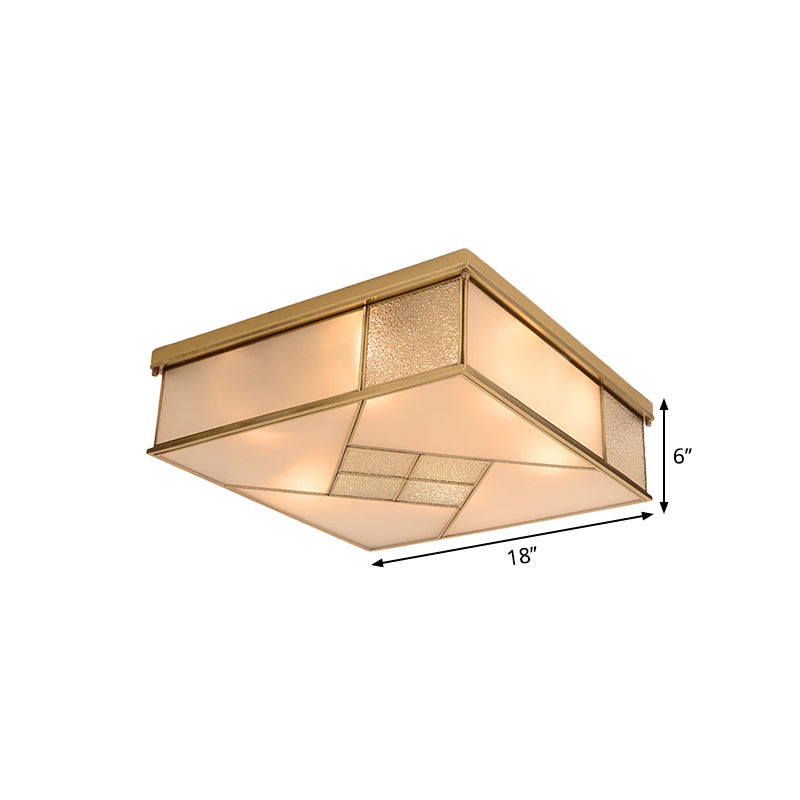 4/6 Lights Bedroom Ceiling Mounted Fixture Classic Brass Flush Mount Light with Square Frosted Glass Panel Shade Clearhalo 'Ceiling Lights' 'Close To Ceiling Lights' 'Close to ceiling' 'Flush mount' Lighting' 332971