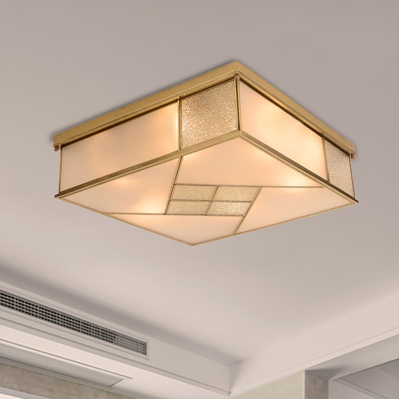 4/6 Lights Bedroom Ceiling Mounted Fixture Classic Brass Flush Mount Light with Square Frosted Glass Panel Shade 6 Brass Clearhalo 'Ceiling Lights' 'Close To Ceiling Lights' 'Close to ceiling' 'Flush mount' Lighting' 332972