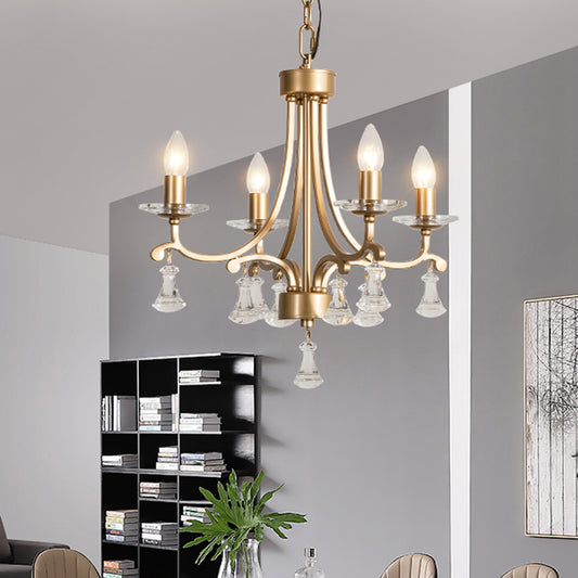 Brass Starburst Hanging Chandelier Modernism 4 Bulbs Metal Ceiling Pendant Light with Clear Crystal Drop Brass Clearhalo 'Ceiling Lights' 'Chandeliers' 'Modern Chandeliers' 'Modern' Lighting' 332976